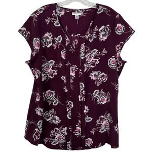 Croft&Barrow Women's Top Burgundy Floral Print Cap Sleeves Blouse Plus Size XXL